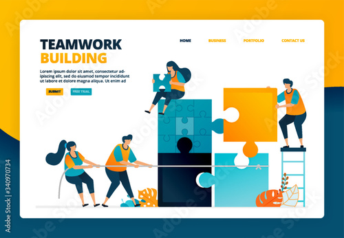 Cartoon illustration of completing puzzle games to train teamwork and collaboration in organization. Problem solving game for team. Vector design for landing page website web banner mobile apps poster photo