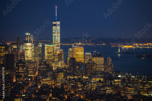New York City skyline showing Lower Manhattan and Statue of Liberty at night, United States of America. 