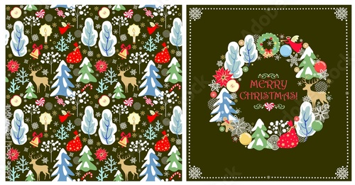 Christmas greeting olive-green craft card and wallpaper with Xmas wreath with baubles, gingerbread, snowy trees and conifer, angel, reindeer, poinsettia, present and paper cutting snowflakes