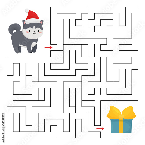 Educational maze game for kids. Help the cute husky dog find right way to the Christmas gift. Kawaii cartoon character.