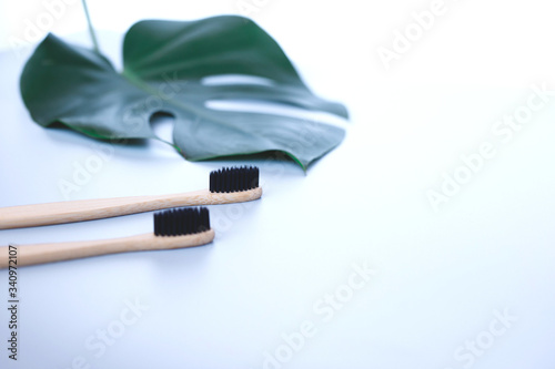 The concept of zero waste. bamboo toothbrush and manstera leaf