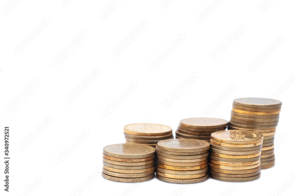 Golden coin stacking on white background, financial business conception. Golden coin stacking on white background, financial business conception.