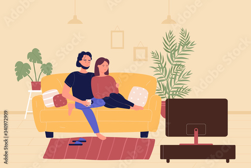 Young family couple sitting on sofa and watching TV movie in living room. Home leisure spare time, people resting and spending time together cartoon flat vector illustration