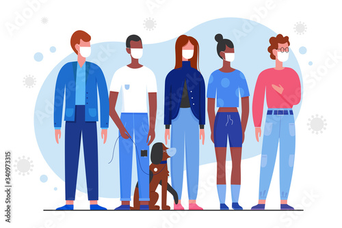 Crowd of young people in medical masks character flat vector illustration. Man, woman and dog stand together, use respirator to protect breath from covid 19 virus in air. Poster, banner, web