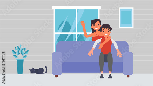 Sit and rest Lover's hobbies activities couples spend together on summer ,holidays, Time with loved ones Happiness No place like home concept,Colorful vector illustration in flat cartoon style.