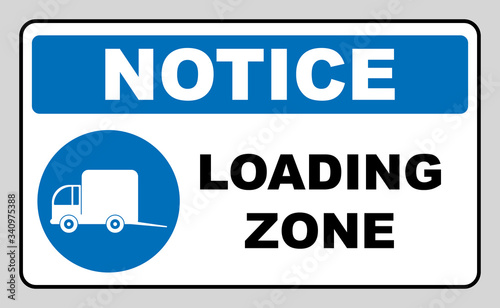 Loading zone sign. Vector illustration isolated on white. Blue mandatory symbol with white pictogram and black text. Notice informational banner