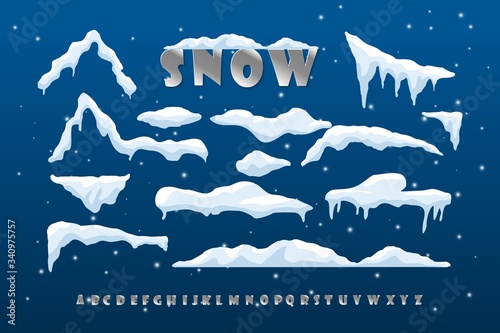 Snow caps, snowballs and snowdrifts are installed. Element of the winter decor. Vector illustration with brilliant text.