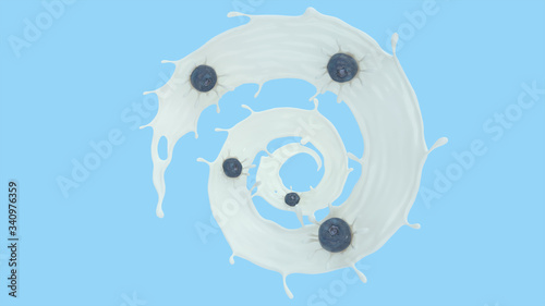 Blueberry drop on milk surface. Milk is spread in a tornado shape. Milk twist. Milk with clipping path, 3d rendering. © PT