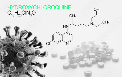Hydroxychloroquine, chloroquine medicine substance. Drug introduced as treatment for coronavirus, SARS-CoV-2. Active in COVID-19 supportive therapy. Chemical formula white pills  spilled.