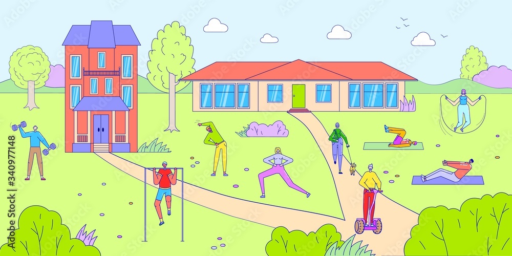 People training outdoor, cartoon characters exercise, active healthy lifestyle, vector illustration. Happy men and women working out in summer park, stretching and walking with dog. Sport and cardio