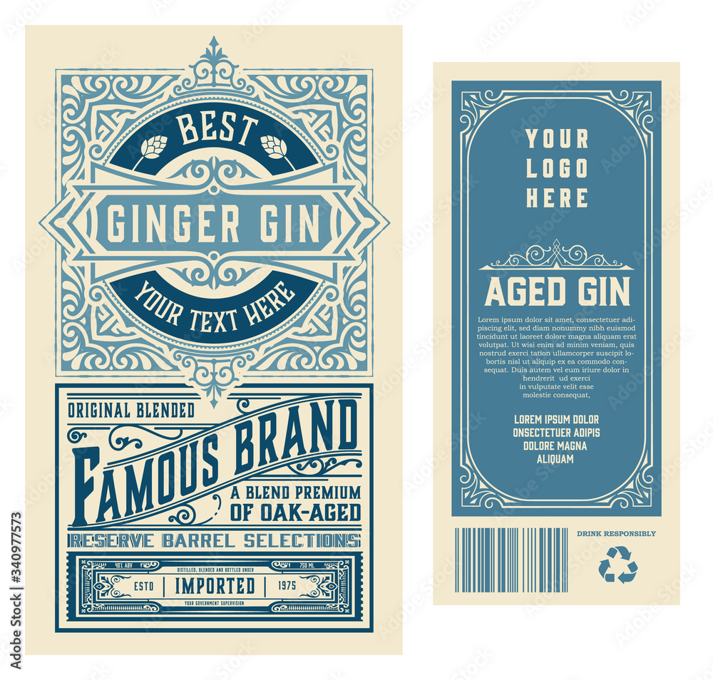 Set of full Vintage Gin Labels.  layered