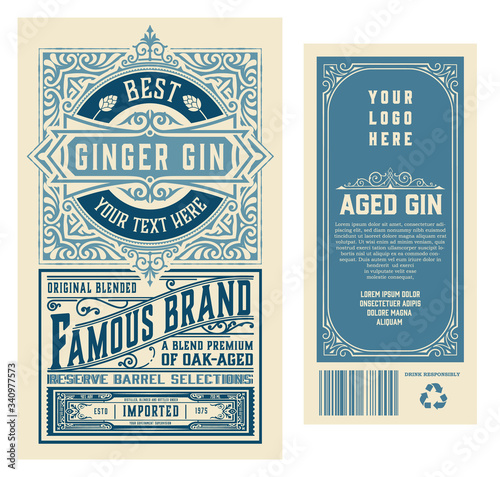 Set of full Vintage Gin Labels. layered