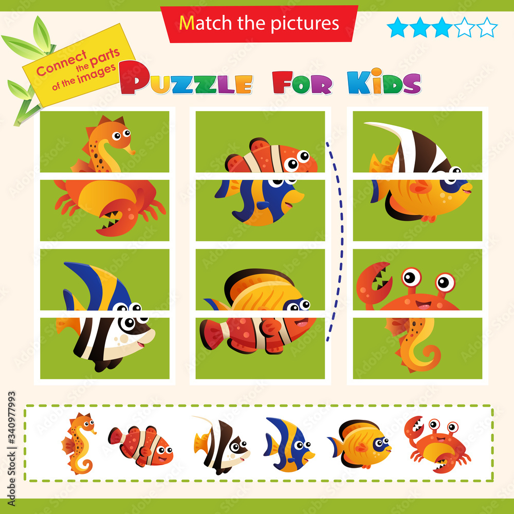 Matching game for children. Puzzle for kids. Match the right parts of the images. Set of sea fish.