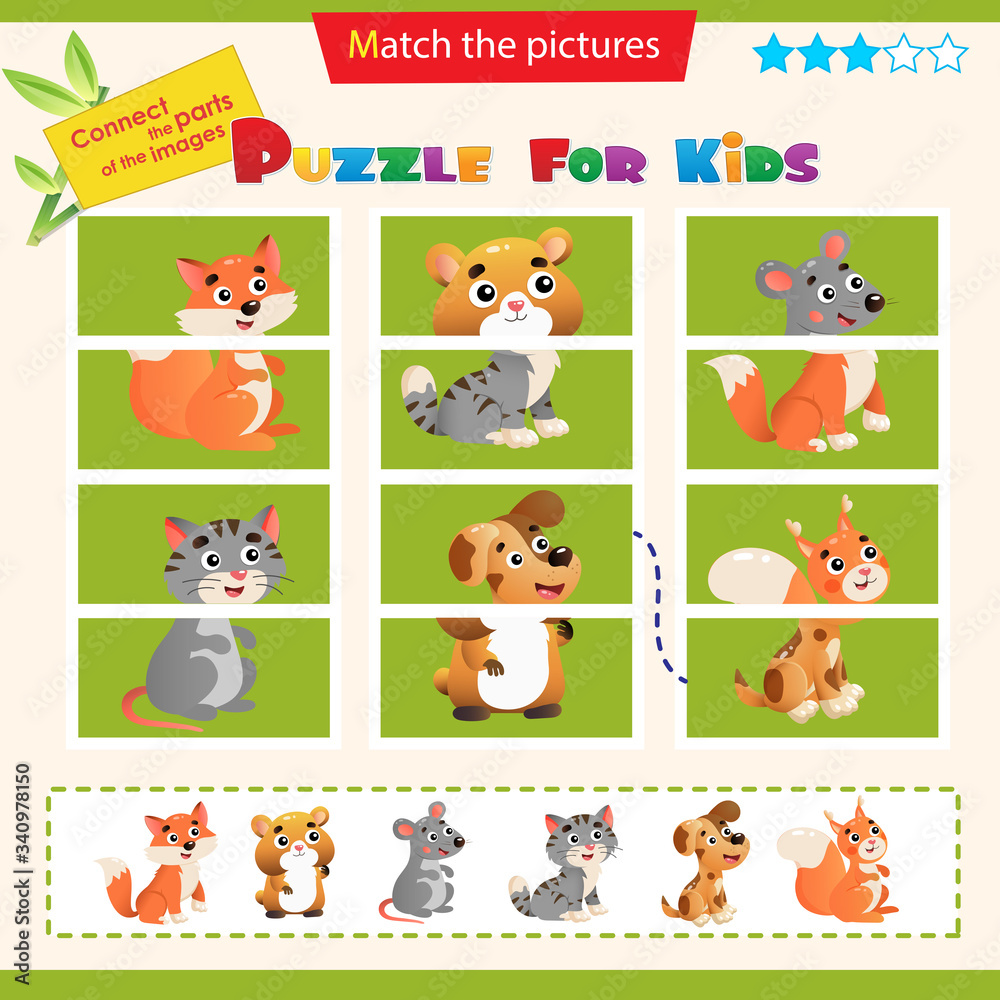 Obraz premium Matching game for children. Puzzle for kids. Match the right parts of the images. Set of animals. Fox, hamster, mouse, squirrel, dog, cat.