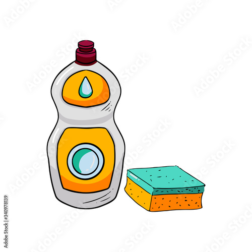 Vector set of dishwashing liquid and sponges. Hand-drawn kitchen item in sketches style isolated on white background.