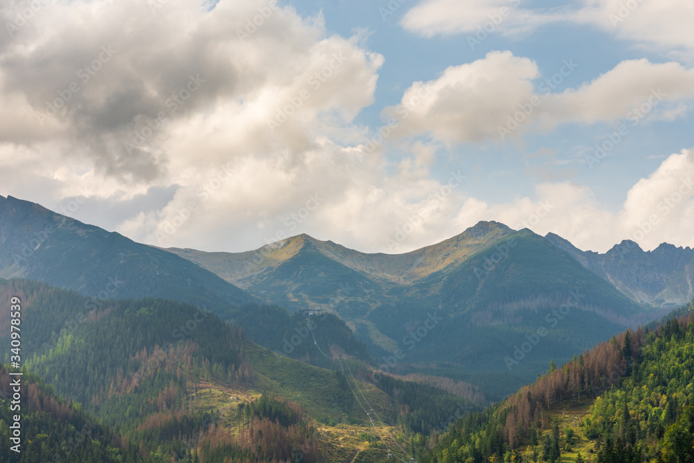 Panorama of Tatra Mountains in summer time. Cloudy dark day