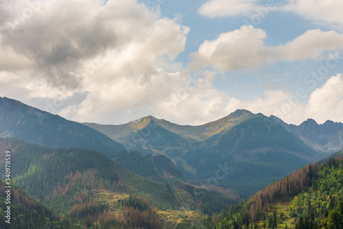 Panorama of Tatra Mountains in summer time. Cloudy dark day