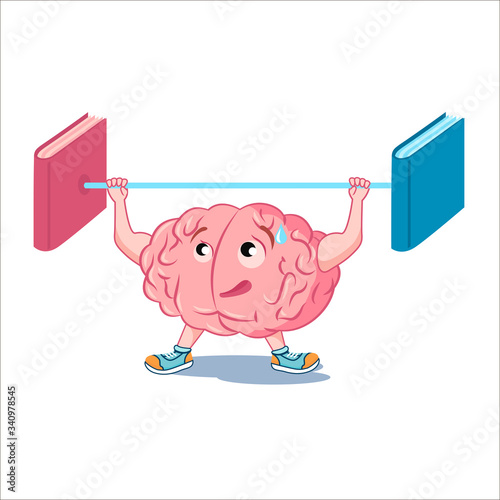 The brain weight lifter. The brain becomes stronger with the help of reading books. Vector character, icon, suitable for the logo of reading courses, speed reading training, school, etc.