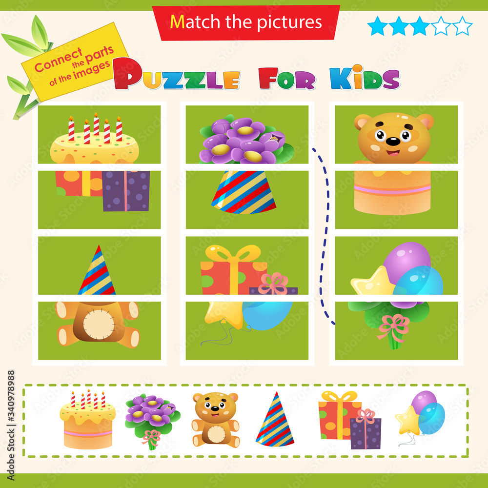 Matching game for children. Puzzle for kids. Match the right parts of the images. Children's birthday. Holiday cake, gifts and balloons, toy, festive cap, bouquet of flowers.