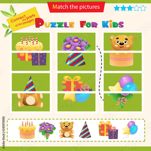 Matching game for children. Puzzle for kids. Match the right parts of the images. Children's birthday. Holiday cake, gifts and balloons, toy, festive cap, bouquet of flowers.