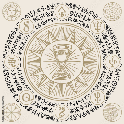 Vector illustration with Grail, alchemical and masonic symbols in retro style. Hand-drawn banner on the theme of mysticism, magic, religion with esoteric signs and magic runes written in a circle
