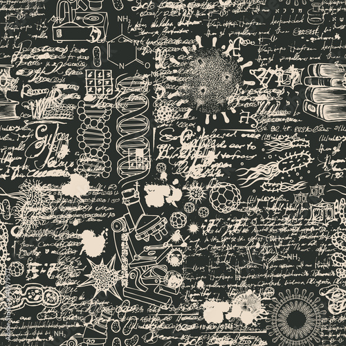 Vector seamless pattern on the theme of chemistry, Microbiology, genetics, medicine in retro style. Abstract background with hand-drawn sketches, scribbles and illegible notes on a black backdrop.