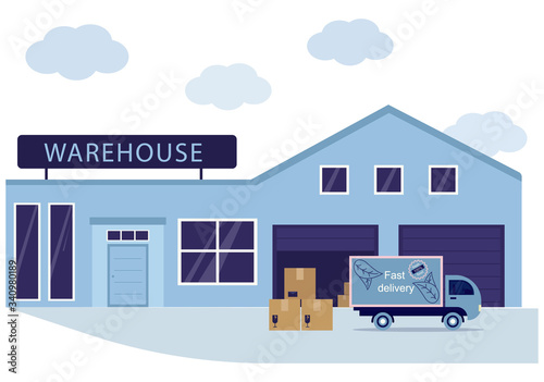 the car is in stock, loaded with boxes and other goods, flat graphics, Warehouse storage and delivery vector concept. Cargo storage and transportation, delivery