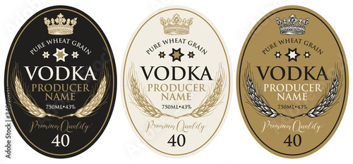 Set of vector labels for vodka in an oval frame with wheat ears, crown and inscriptions in retro style. Premium quality, pure wheat grain, strong alcoholic beverage collection