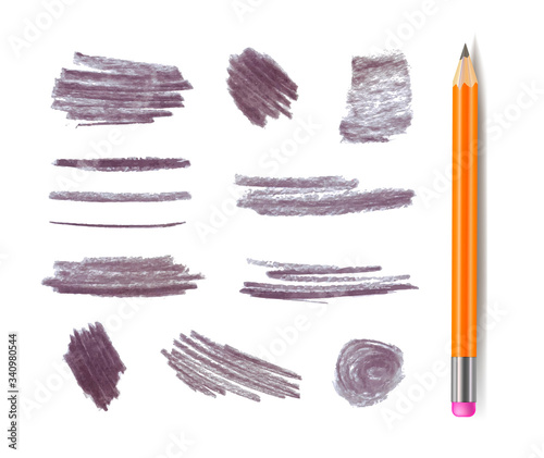 Vector gray graphite pencil stokes set isolated on white background, different shape textrures.