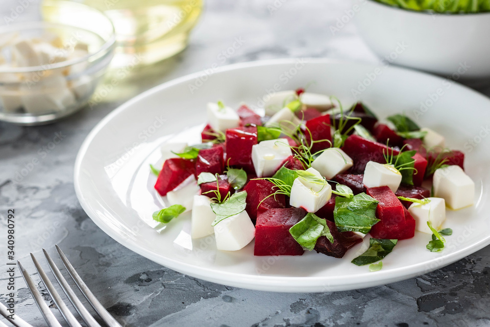Baked beets with feta cheese and shoots of young peas Baked beets with feta cheese and shoots of young peas