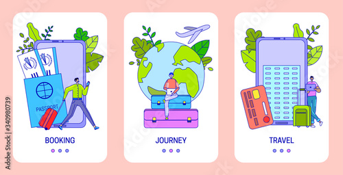 Travel banner concept, tiny people cartoon characters booking tickets online, vector illustration. Happy tourist planning trip, man with baggage buy tour in mobile app. International flight worldwide