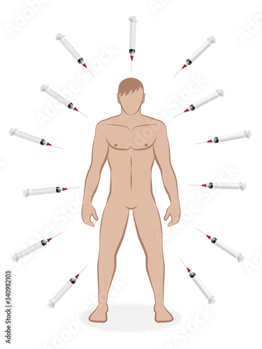 Man surrounded by syringes, symbolic for vaccine insanity, overmedication, mass vaccination, compulsory vaccination and immunization campaigns of pharma industry. Vector on white.
