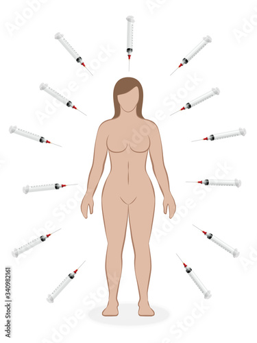 Woman surrounded by syringes, symbolic for vaccine insanity, overmedication, mass vaccination, compulsory vaccination and immunization campaigns of pharma industry. Vector on white.
