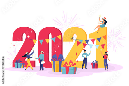 2021 Happy New Year business card. Vector illustration with little people getting ready for a party. Happy team celebrating a holiday raising toasts with champagne. Cartoon flat style.