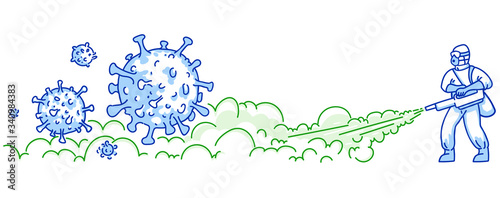 Worker disinfects streets with steam disinfector hand drawn art. Antiseptic spray against corona virus strain cells cartoon vector illustration