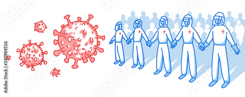 Medical personnel in protective suits, medical glasses and masks. The fight against coronavirus. Vector illustration in cartoon style. Health workers protect against the virus hand in hand.