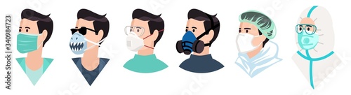 Medical mask flat icons set. Healthy man in medical protection mask. Caring for health at flu epidemic time. Character in protective equipment