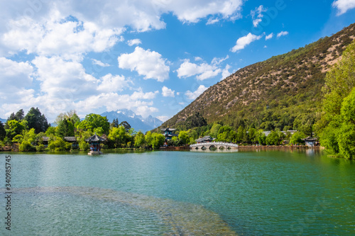 the black dragon pool in front of Jade dragon Snow Mountain the most beautiful snow mountain in Lijiang, Yunnan, China