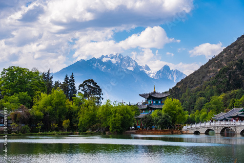 the black dragon pool in front of Jade dragon Snow Mountain the most beautiful snow mountain in Lijiang, Yunnan, China