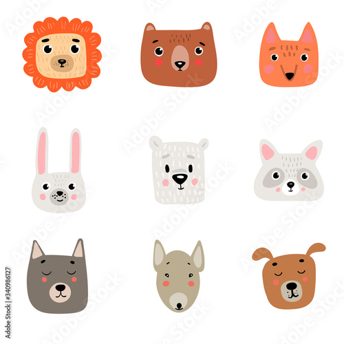 Fototapeta Naklejka Na Ścianę i Meble -  9 cute animal heads: lion, bear, Fox, hare, polar white bear, raccoon, wolf, pit bull, dog