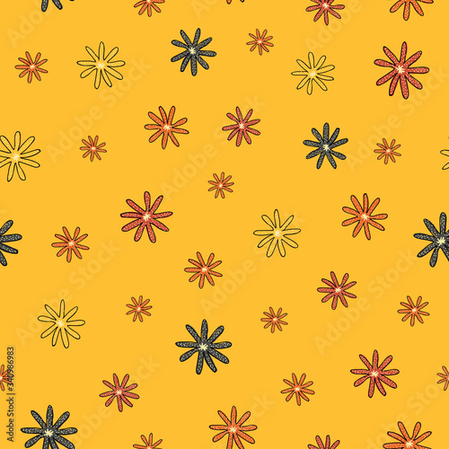 scattered blooms, seamless Vector repeat pattern ditsy print on yellow background, surface design
