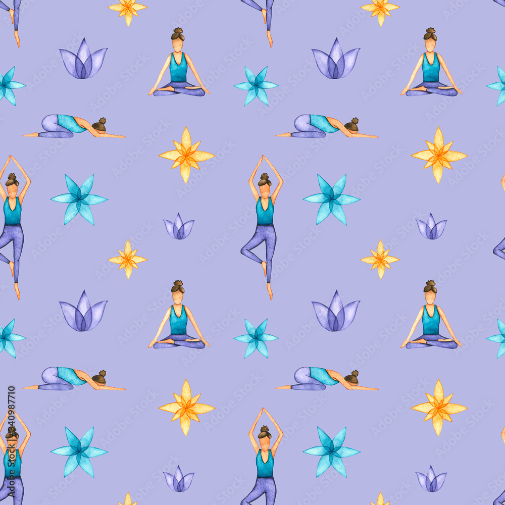 Seamless pattern with watercolor yoga poses and ornament. Hand drawn