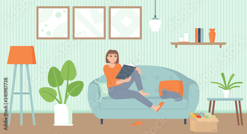 Home entertainment, isolation period, relax concept. Cozy interior living room with a cat. Girl on sofa reading a book. Stock vector illustration in cartoon flat style.