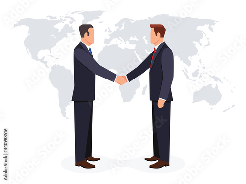 Two businessman people characters shaking hands. Successful business cooperation banner poster concept.