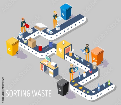 Waste sorting plant, vector flat isometric illustration