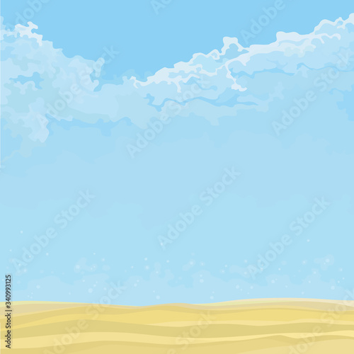 blue sky cartoon background with clouds and sandy ground