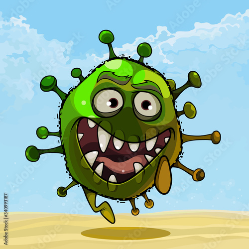 cartoon joyful character green round monster fun running