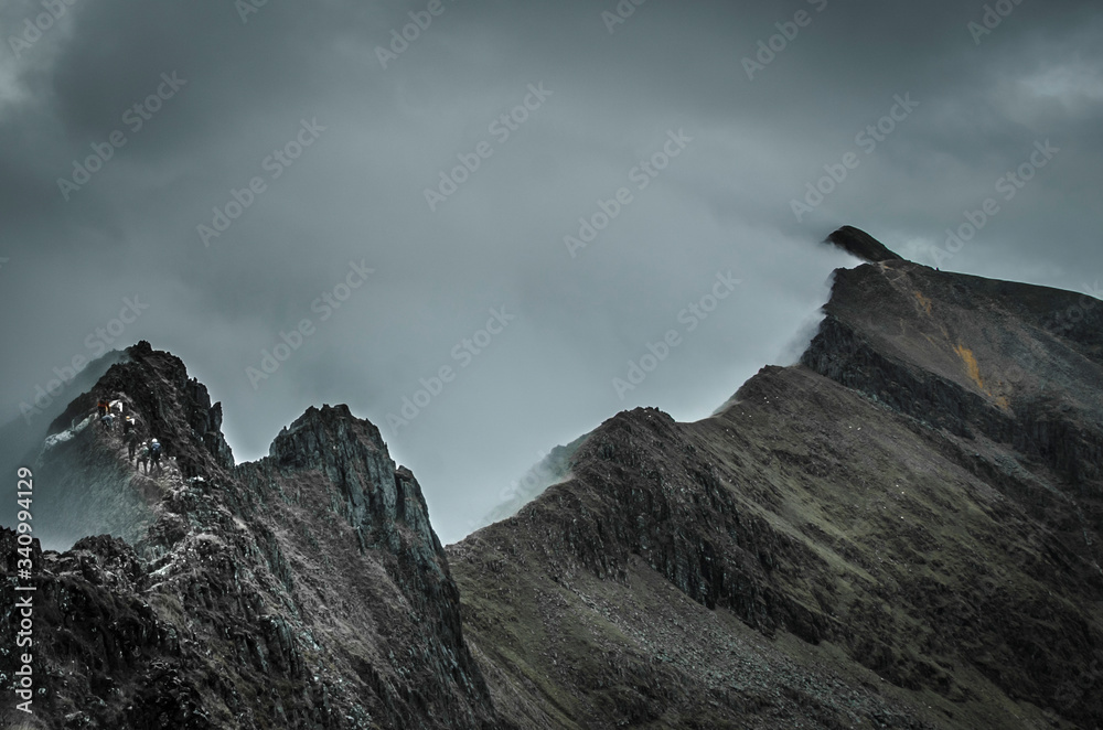 Snowdonia, Wales UK- Crib Goch, a knife edge ridge line and famous hiking route to the top of Mount Snowdon