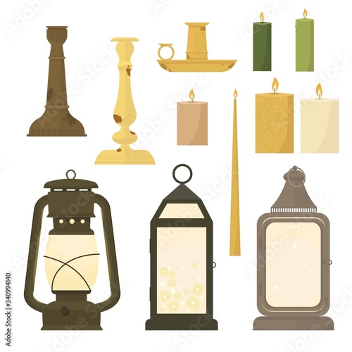 Collection of candles in candlesticks and old vintage oil lampson a white background. Cartoon style. Vector illustration. photo