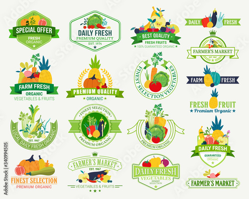 Fruits and Vegetables Logos, Labels, Fruits and Vegetables Icons